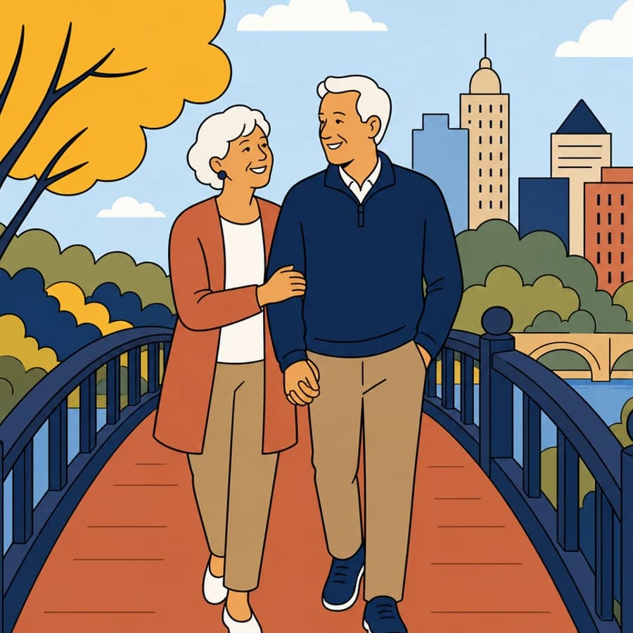 Couple crossing a bridge representing Medicare Supplement peace of mind